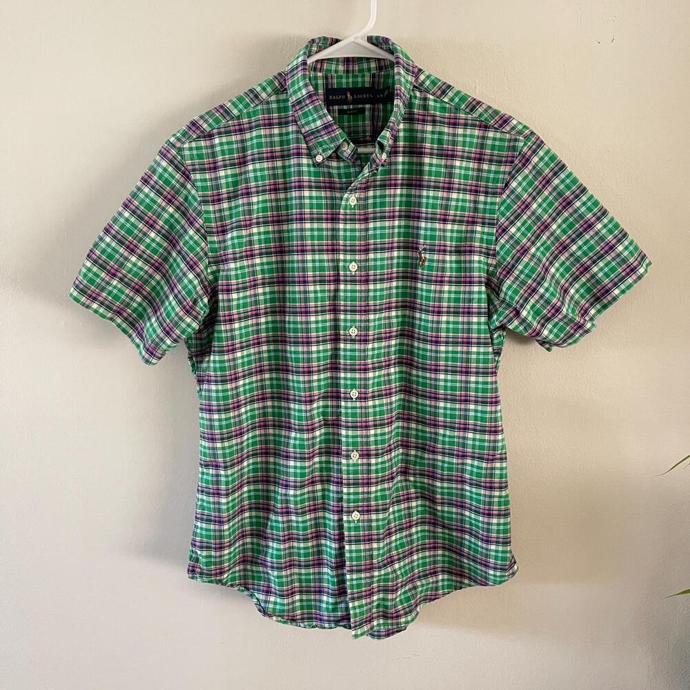 Ralph Lauren Slim Fit Mens L Plaid Shirt Short Sleeve Green Purple Cotton Pony